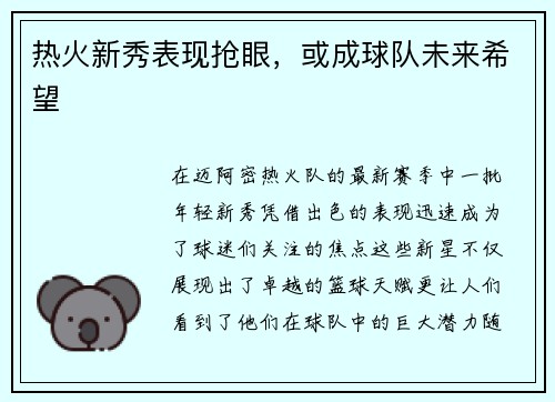 热火新秀表现抢眼，或成球队未来希望