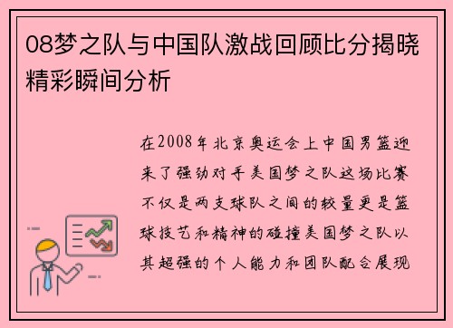08梦之队与中国队激战回顾比分揭晓精彩瞬间分析